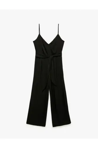 Aerobin Fabric Sash Detailed Crossover Strap Wide Leg Long Satin Jumpsuit-Black - 3