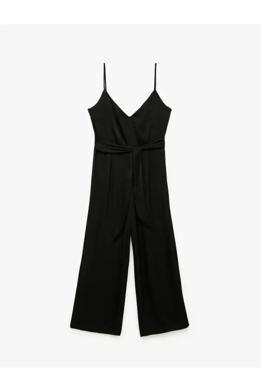 Aerobin Fabric Sash Detailed Crossover Strap Wide Leg Long Satin Jumpsuit-Black - 3