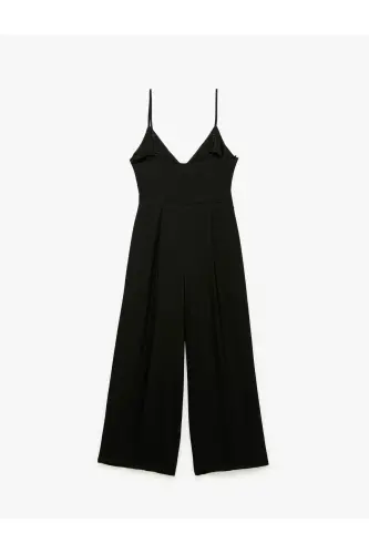 Aerobin Fabric Sash Detailed Crossover Strap Wide Leg Long Satin Jumpsuit-Black - 4
