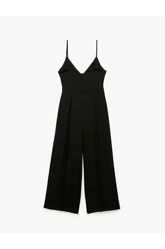 Aerobin Fabric Sash Detailed Crossover Strap Wide Leg Long Satin Jumpsuit-Black - 4