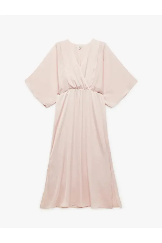 Aerobin Kumaş Bol Kalıp Kruvaze Yaka Yarım Yarasa Kollu Uzun Saten Elbise-Gül - 3