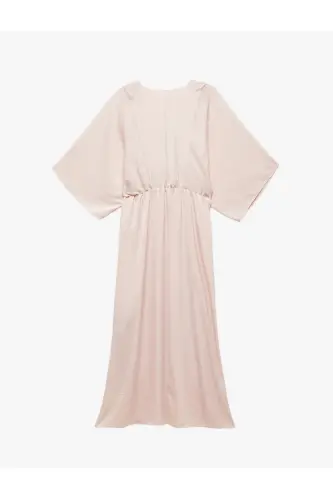 Aerobin Kumaş Bol Kalıp Kruvaze Yaka Yarım Yarasa Kollu Uzun Saten Elbise-Gül - 4