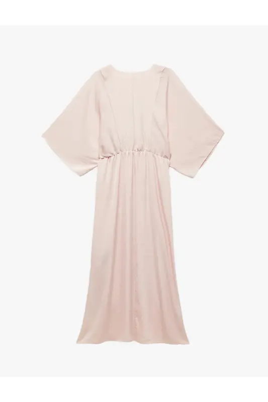 Aerobin Kumaş Bol Kalıp Kruvaze Yaka Yarım Yarasa Kollu Uzun Saten Elbise-Gül - 4