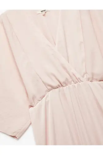 Aerobin Kumaş Bol Kalıp Kruvaze Yaka Yarım Yarasa Kollu Uzun Saten Elbise-Gül - 5