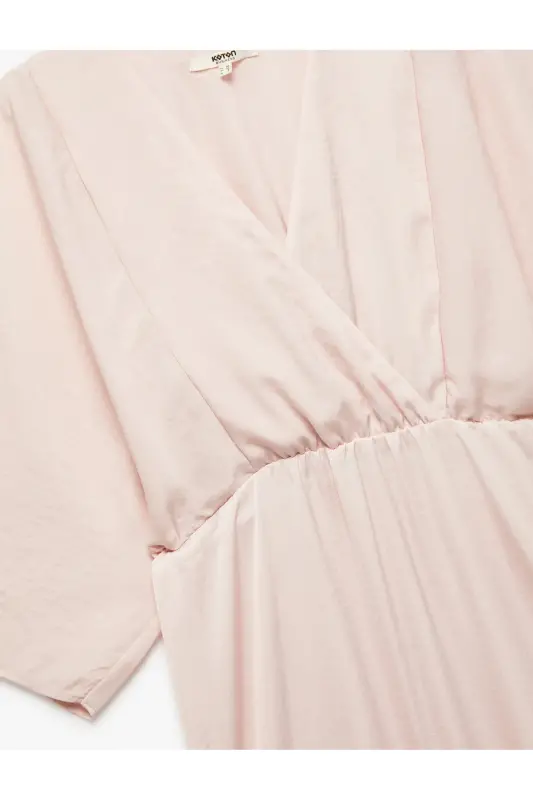 Aerobin Kumaş Bol Kalıp Kruvaze Yaka Yarım Yarasa Kollu Uzun Saten Elbise-Gül - 5