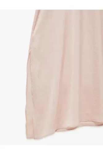 Aerobin Kumaş Bol Kalıp Kruvaze Yaka Yarım Yarasa Kollu Uzun Saten Elbise-Gül - 6