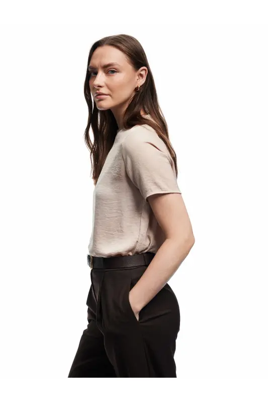 Aerobin Kumaş Kısa Kollu Bisiklet Yaka Saten Bluz-Ekru - 2