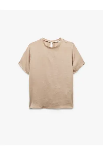 Aerobin Kumaş Kısa Kollu Bisiklet Yaka Saten Bluz-Ekru - 3