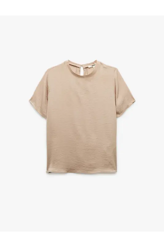 Aerobin Kumaş Kısa Kollu Bisiklet Yaka Saten Bluz-Ekru - 3