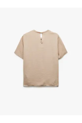 Aerobin Kumaş Kısa Kollu Bisiklet Yaka Saten Bluz-Ekru - 4