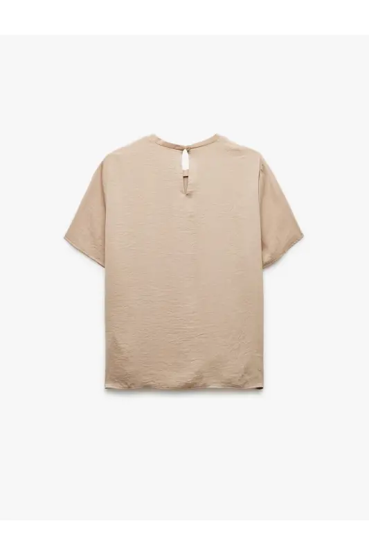 Aerobin Kumaş Kısa Kollu Bisiklet Yaka Saten Bluz-Ekru - 4