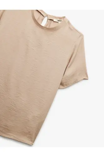 Aerobin Kumaş Kısa Kollu Bisiklet Yaka Saten Bluz-Ekru - 5