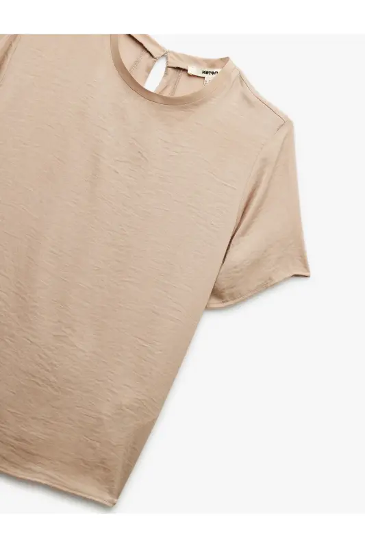 Aerobin Kumaş Kısa Kollu Bisiklet Yaka Saten Bluz-Ekru - 5