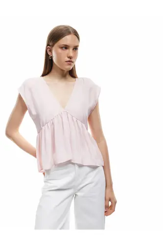 Aerobin Kumaş Pileli V Yaka Kolsuz Saten Bluz-Gül - 1