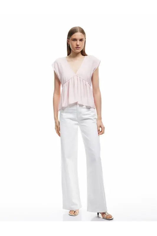 Aerobin Kumaş Pileli V Yaka Kolsuz Saten Bluz-Gül - 2