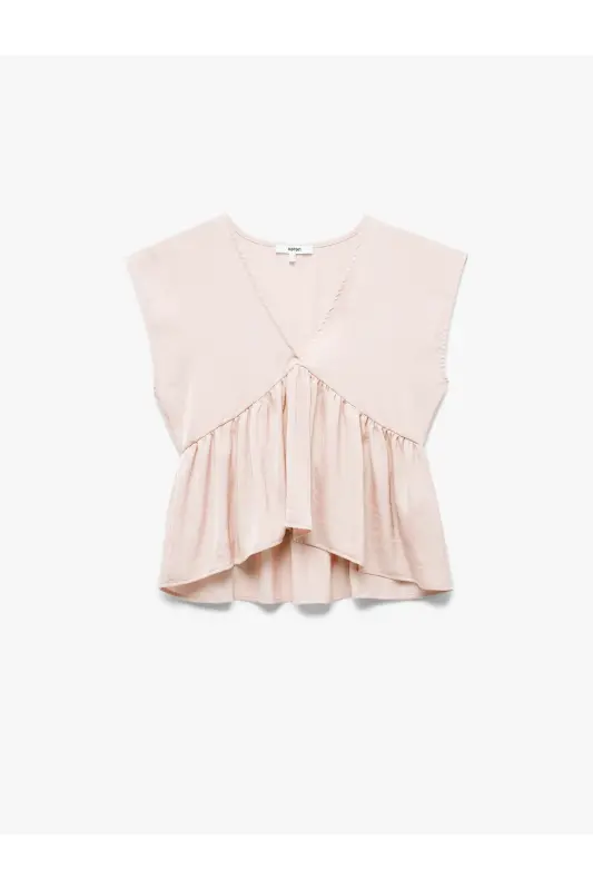 Aerobin Kumaş Pileli V Yaka Kolsuz Saten Bluz-Gül - 3