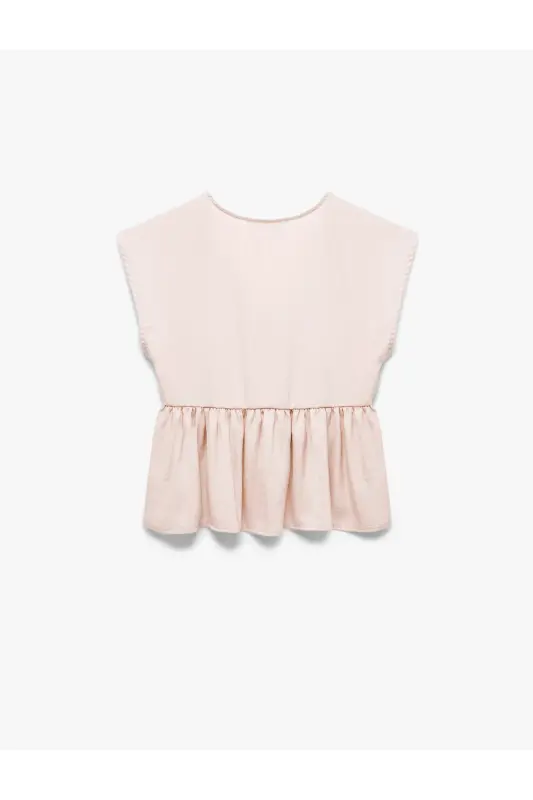 Aerobin Kumaş Pileli V Yaka Kolsuz Saten Bluz-Gül - 4