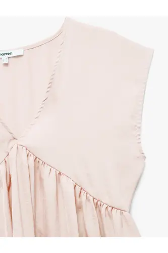 Aerobin Kumaş Pileli V Yaka Kolsuz Saten Bluz-Gül - 5