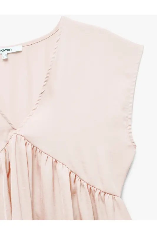 Aerobin Kumaş Pileli V Yaka Kolsuz Saten Bluz-Gül - 5