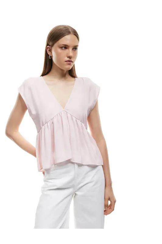 Aerobin Kumaş Pileli V Yaka Kolsuz Saten Bluz-Gül - KOTON
