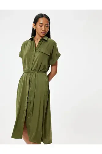 Аэробин Сатин Миди Платье-Рубашка С Коротким Рукавом С Поясом Клеш Юбка-Хаки - KOTON (1)