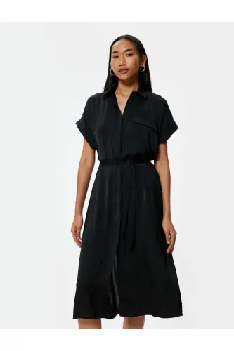 Aerobin Satin Midi Shirt Dress Short Sleeve Belted Flared Skirt-Black - KOTON (1)
