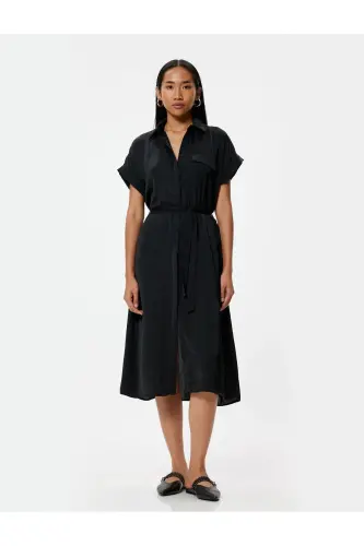 Aerobin Satin Midi Shirt Dress Short Sleeve Belted Flared Skirt-Black - 3
