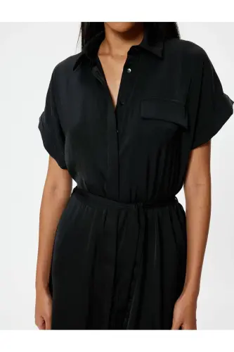 Aerobin Satin Midi Shirt Dress Short Sleeve Belted Flared Skirt-Black - 5