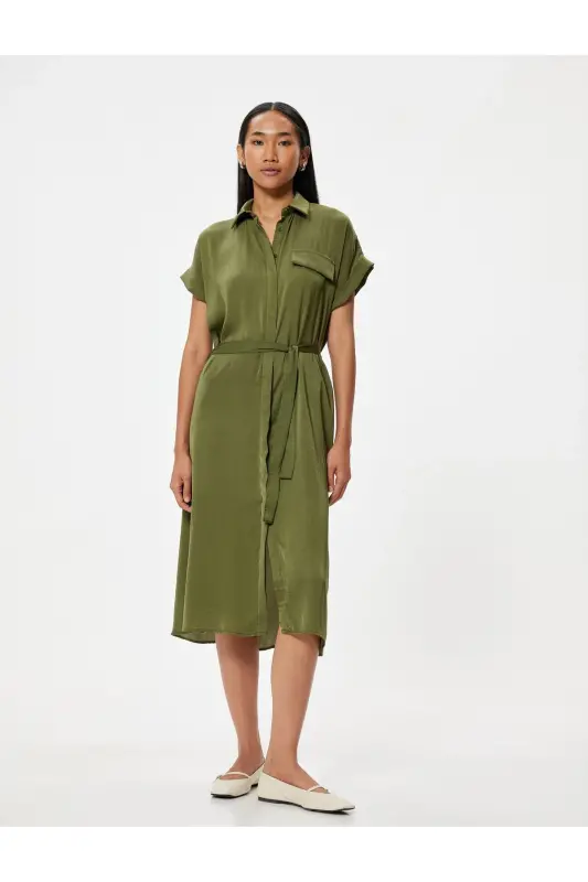 Aerobin Satin Midi Shirt Dress Short Sleeve Belted Flared Skirt-Khaki - 1