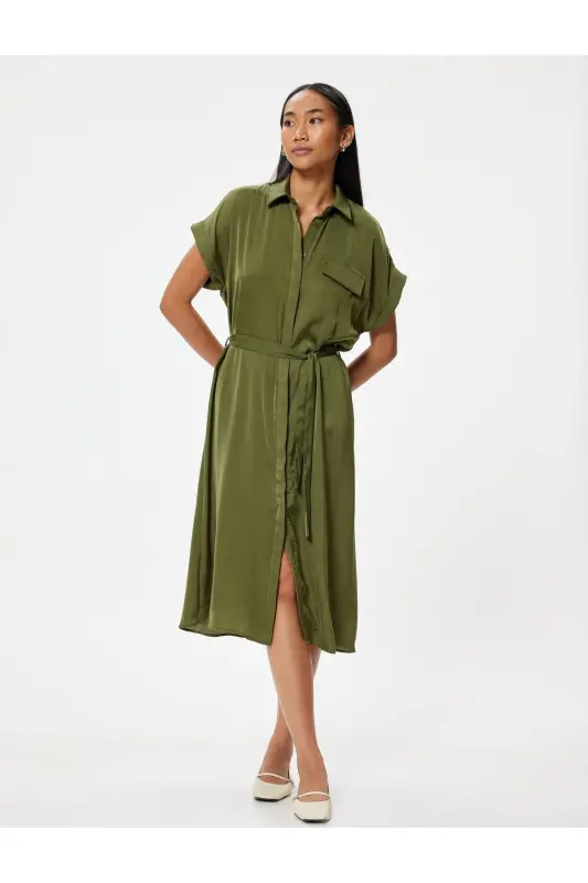 Aerobin Satin Midi Shirt Dress Short Sleeve Belted Flared Skirt-Khaki - 3