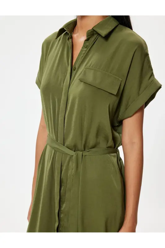 Aerobin Satin Midi Shirt Dress Short Sleeve Belted Flared Skirt-Khaki - 5