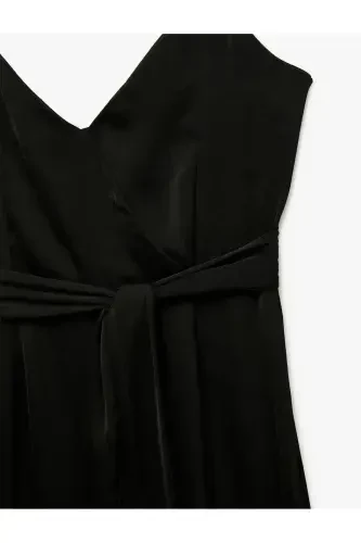 Аэробин Ткань Пояс Деталь Крест Бретель Широкие Штаны Длинный Атласный Комбинезон-Черный - 5