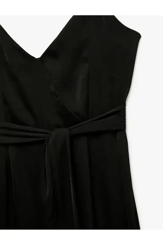 Аэробин Ткань Пояс Деталь Крест Бретель Широкие Штаны Длинный Атласный Комбинезон-Черный - 5