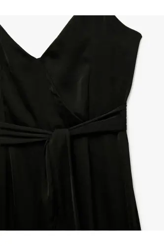 Аэробиновый Ткань Пояс Детальный Круизный На Бретелях Широкие Штанины Длинный Атласный Комбинезон-Черный - 5