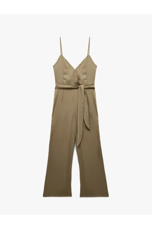 Аэробный Ткань Пояс Деталь Крест Бретельки Широкие Брюки Длинный Атласный Комбинезон-Светло-Зеленый - 3