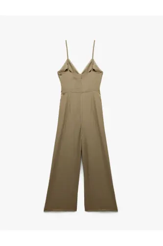 Аэробный Ткань Пояс Деталь Крест Бретельки Широкие Брюки Длинный Атласный Комбинезон-Светло-Зеленый - 4