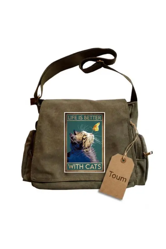 Aesthetic Animal Art Baskılı Unisex Yeşil Postacı Çantası - RET6 - 1