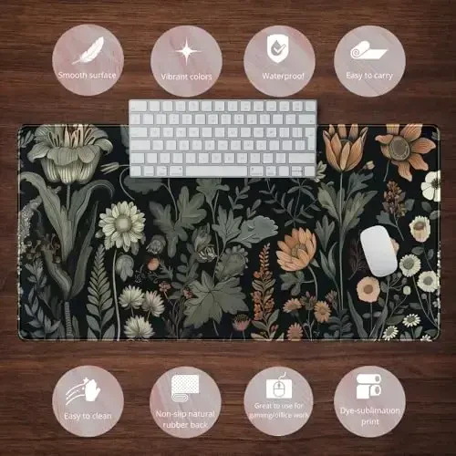 Aesthetic Vintage Dark Flower Plants Wildflowers Large Gaming Mousepad XXL Keyboard Mouse Mat Full Desktop Mat Women Desk Cover Mat for Work Office Home 31.5x15.8 in - 6