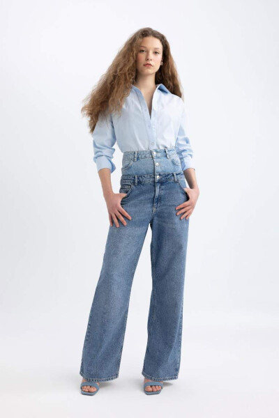 Afra x DeFacto 90's Wide Leg High Waist Long Jean Pants Mint Blue - 6