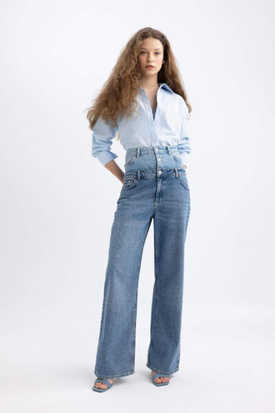 Afra x DeFacto 90's Wide Leg High Waist Long Jean Pants Mint Blue - 9