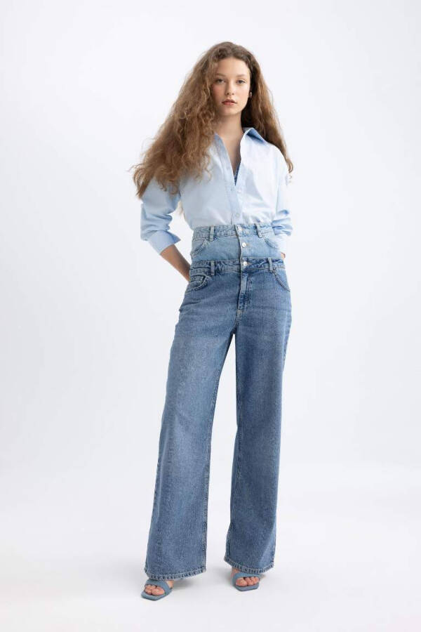 Afra x DeFacto 90's Wide Leg High Waist Long Jean Pants Mint Blue - 9