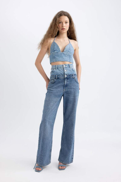 Afra x DeFacto 90's Wide Leg High Waist Long Jean Pants Mint Blue - 10