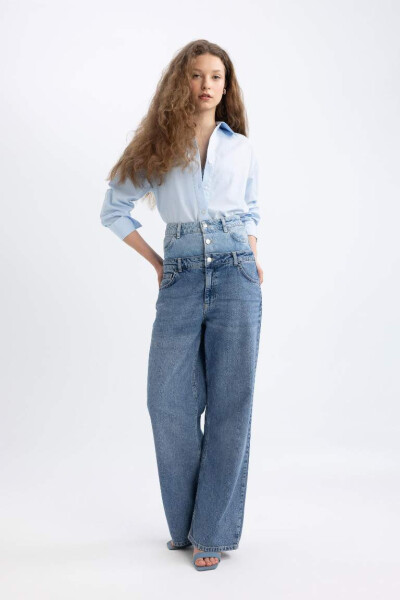 Afra x DeFacto 90's Wide Leg High Waist Long Jean Pants Mint Blue - 4