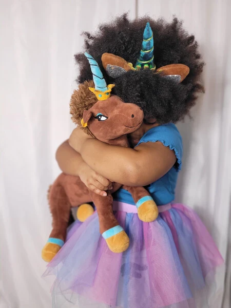 Afro Unicorn Plush Animal for Any Age in Brown with Soft Gold and Blue Trim - 5