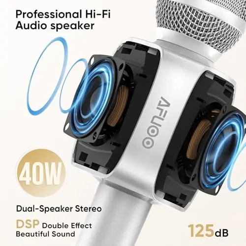 AFUOO Wireless Bluetooth Karaoke Microphone Speaker for Adults, Karaoke Mic with Stereo Speaker for Smartphone, Tablet, Duet Singing Karaoke Mic for Speech, Home Party, Vocal Changer, Silver - 1