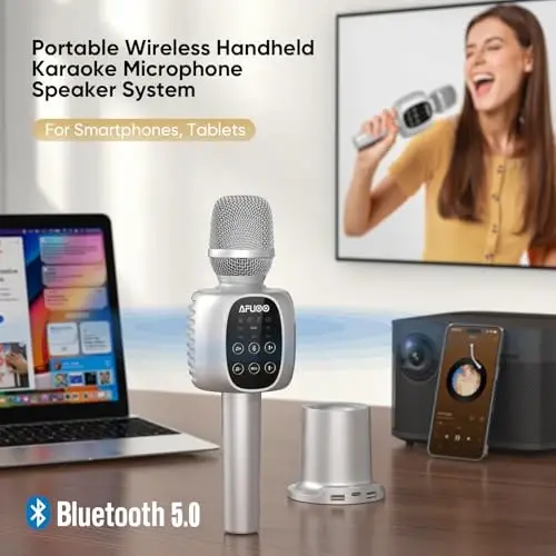 AFUOO Wireless Bluetooth Karaoke Microphone Speaker for Adults, Karaoke Mic with Stereo Speaker for Smartphone, Tablet, Duet Singing Karaoke Mic for Speech, Home Party, Vocal Changer, Silver - 2