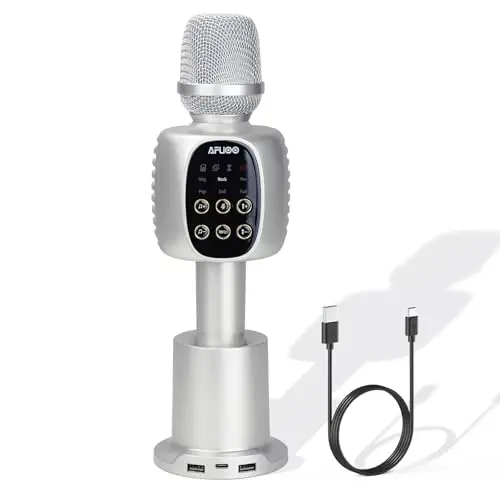 AFUOO Wireless Bluetooth Karaoke Microphone Speaker for Adults, Karaoke Mic with Stereo Speaker for Smartphone, Tablet, Duet Singing Karaoke Mic for Speech, Home Party, Vocal Changer, Silver - 6