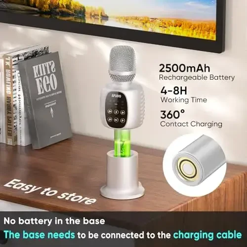 AFUOO kattalalar uchun simsiz Bluetooth Karaoke mikrofon dinamiki, smartfon, planshet uchun stereo dinamikli Karaoke mikrofon, nutq, uy ziyofati, vokal o'zgartirgich, kumush uchun duetda kuylash Karaoke mikrofon - 5