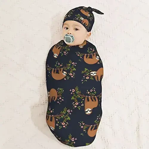 Muishi Funny Cute Sloth On Tree Branch Newborn Swaddle Blankets Hat Sets Soft Baby Receiving Blanket Swaddle Sack for Baby Shower Infant Boy Girl Gift - 3