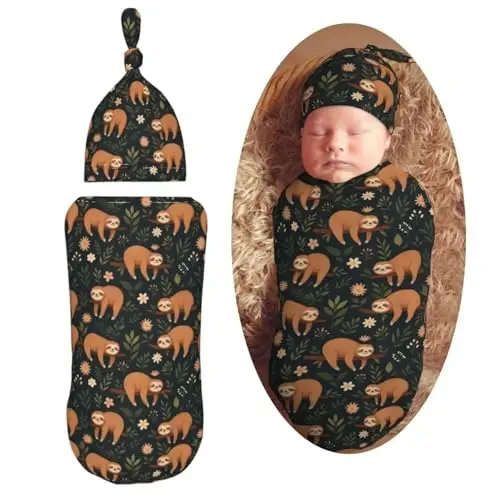 Muishi Funny Cute Sloth On Tree Branch Newborn Swaddle Blankets Hat Sets Soft Baby Receiving Blanket Swaddle Sack for Baby Shower Infant Boy Girl Gift - 1